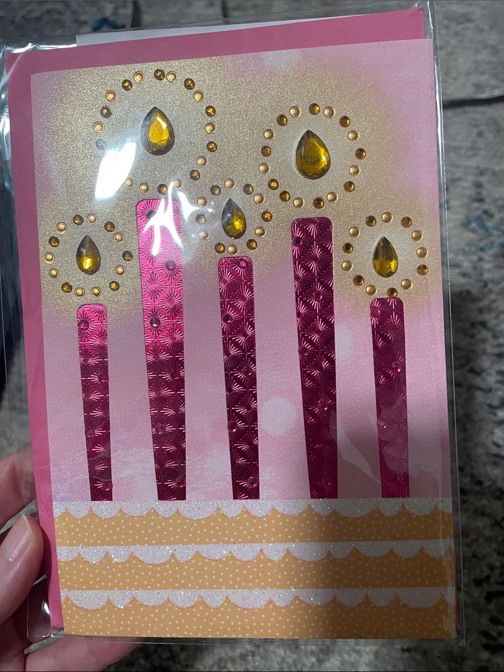 🖤5/$25 Pink Foil Birthday Candle Card with Yellow Gem Accents